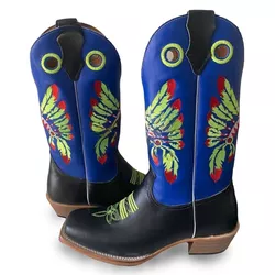 Bota Texana Carrapeta Couro Mustang Preto e Azul -... - JM Country