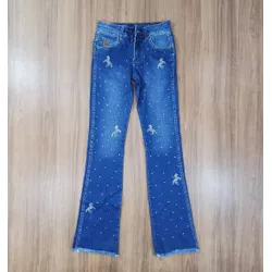 Calça Jeans Juvenil Feminina American Country Boots Cut Bordada 