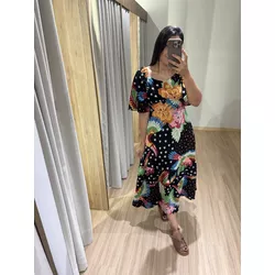 VESTIDO ESTAMPADO FUNDO PRETO - 637290 - LOJA DAMAS