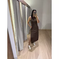 VESTIDO CANELADO MARROM - 648290 - LOJA DAMAS