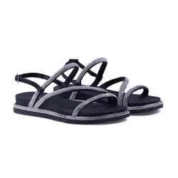 Sandália Rasteira Birken Tiras Finas Strass Brilha... - NINE4 STORE