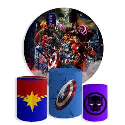 Kit Painel De Festa Vingadores Redondo + Trio De Cilindros Em Tecido - Painel de Festa Loja Oficial