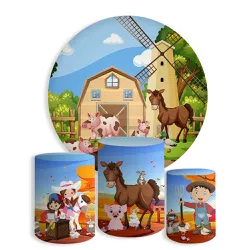 Kit Painel De Festa Fazendinha Redondo + Trio De Cilindros Em Tecido - Painel de Festa Loja Oficial