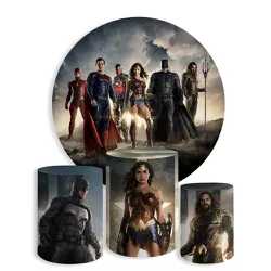 Kit Painel De Festa Liga Da Justiça 2 Redondo + Trio De Cilindros Em Tecido - Painel de Festa Loja Oficial