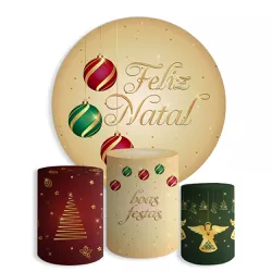 Kit Painel De Festa Feliz Natal 4 Redondo + Trio De Cilindros Em Tecido - Painel de Festa Loja Oficial