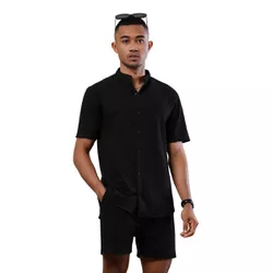 Conjunto Camiseta Linho e Bermuda Linho Liso Preto... - Atacado da Moda