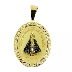 Medalha N. Sra. Aparecida com Oração Ave Maria em Ouro com Zircônias M - J06104277 - RDJ Joias