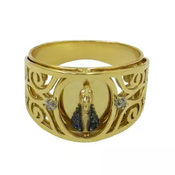 Anel em Ouro 18k N. Senhora Aparecida com Brilhantes de Safiras - J06201721 - RDJ Joias