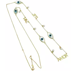 Gargantilha em Ouro 18k Olho Grego Amor Luz Paz com Pérolas 70cm - J18000900 - RDJ Joias