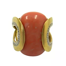 Anel em Ouro 18k Grande com Pedra Coral e Brilhantes - JAR0001213-3 - RDJ Joias