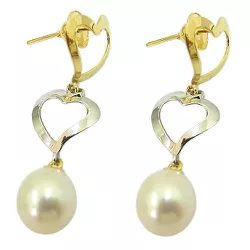 Brinco de Pérola com Corações em Ouro Branco e Ouro Amarelo - J02000225 - RDJ Joias
