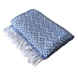 Manta Casal Tambaba 100% Algodão Mesclado Azul com... - REDESDEDORMIR.COM ©