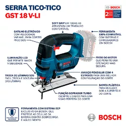Serra Tico-Tico a bateria Bosch GST 18V-LI, 18V SB 3 lâminas