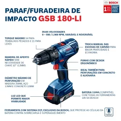 Parafusadeira e Furadeira de Impacto GSB 180-LI 18V, c/ 1 Bateria 2,0Ah, Carregador BIVOLT e Kit de Acessórios em Maleta - Bosch