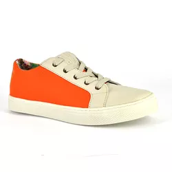 Tênis Lona Tangerina e Couro Off White - 42062 - SERRA BELLA CALCADOS