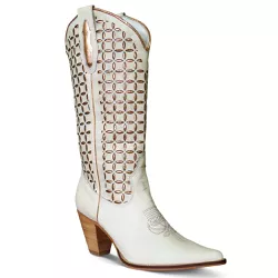 Bota Texana Feminina Couro Floater Branco e Marfim Com Detalhe a Laser - Silvera... - SILVERADO BOTAS