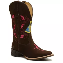 Bota Texana Feminina Couro Nobuck Cafe Bordado Nossa Senhora - Silverado Botas -... - SILVERADO BOTAS