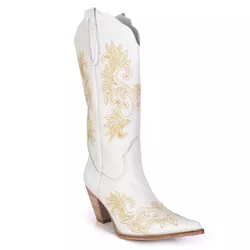 Bota Texana Feminina Couro Floater Branco Bordados Dourado - Silverado Botas - 2... - SILVERADO BOTAS