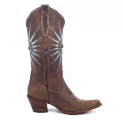 Bota Texana Feminina Couro Fossil Tabaco Bordado e Pedra - Silverado Botas - 224... - SILVERADO BOTAS