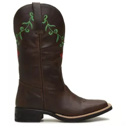 Bota Texana Feminina Couro Fossil Cafe Bordado Rosas - Silverado Botas - 69200 - SILVERADO BOTAS