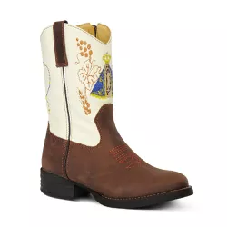 Bota Texana Infantil Couro Crazy Horse Café e Floater Marfim Com Bordado Nossa S... - SILVERADO BOTAS