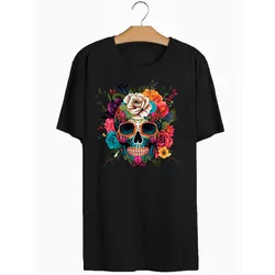 Camiseta Preta Estampa Frente Caveira Mexicana Flo... - Atacado Leandrinho