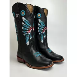 Bota Texana Masculina Bordado Cocar Country em Cou... - Via Horse Boots