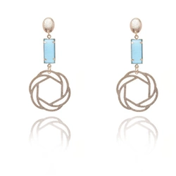 Brinco Longo Zircônia Azul Retangular e Rosa Texturizada By Kumbayá Joias