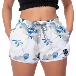 Short Feminino Flores Azuis Moda Praia ou Academia... - W2 STORE