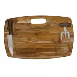 Kit Tábua em Madeira Teca + Garfo Trinchante + Fac... - Zoz Personalizados