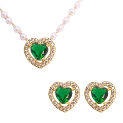 Conjunto Corrente Pérolas e Coração Cravejado Com Zircônia Verde By Kumbayá Joias
