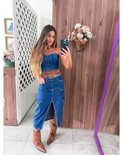 Saia Jeans Midi Multibolsos Alcance - 15859 - Closet
