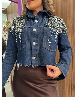 Jaqueta Jeans Escuro Bordada Pedraria - 95958589 - Closet