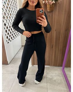 Calça Modal Canelada Preta - 5262562 - Closet
