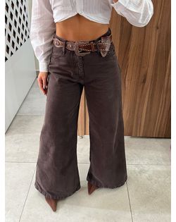 Calça Jeans Pantalona Palazzo Marrom Alcance - 147... - Closet