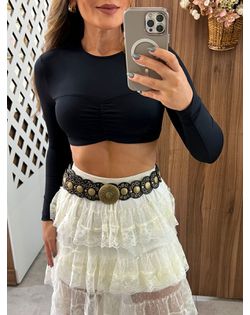 Cropped Manga Longa Franzidos Preta Colcci CLC - 5... - Closet
