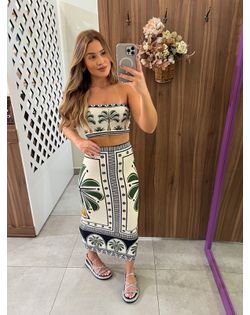 Saia Midi Reta Estampada Jardim Tropical Farm - 41... - Closet