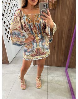Vestido Curto Manga Estampado Vitral Do Mar Farm -... - Closet