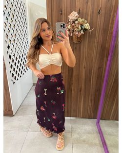Saia Midi Plissada Coquetel Tropical Marrom Farm -... - Closet