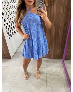 Vestido Frente Única Curto Estampado Azul Com Amar... - Closet