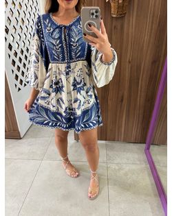Vestido Curto Estampado Nina Azul Farm - 95262655 - Closet
