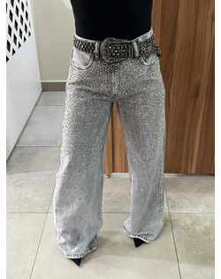 Calça Jeans Wide Marmorizada Grafite Aplicações Da... - Closet