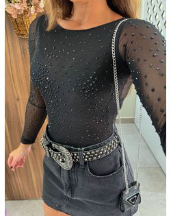 Body de Tule Aplicação Preto Dadri - 95263266 - Closet