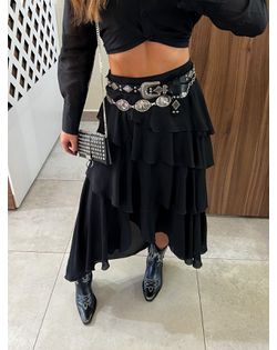 Saia Midi Babados Preta Bella - 6265266 - Closet