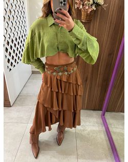 Saia Midi Babados Marrom Bella - 8825585 - Closet