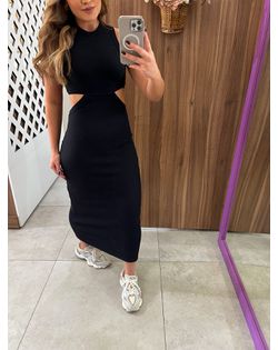Vestido Preto Midi Canelado Com Recortes Colcci - ... - Closet