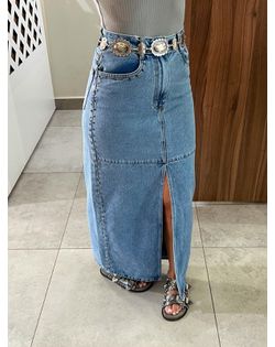 Saia Jeans Longa De Cintura Alta Com Fenda E Aplic... - Closet