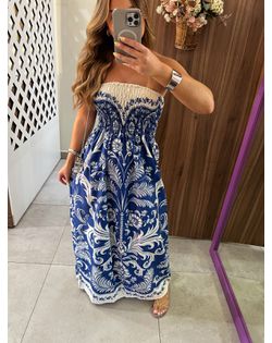 Vestido Midi Sem Alças Estampado Santorini Farm - ... - Closet
