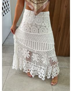 Saia Crochê Branca Midi Olivia - 8995494 - Closet
