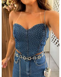 Top Jeans Escuro Tomara que Caia Brilhos - 959659... - Closet